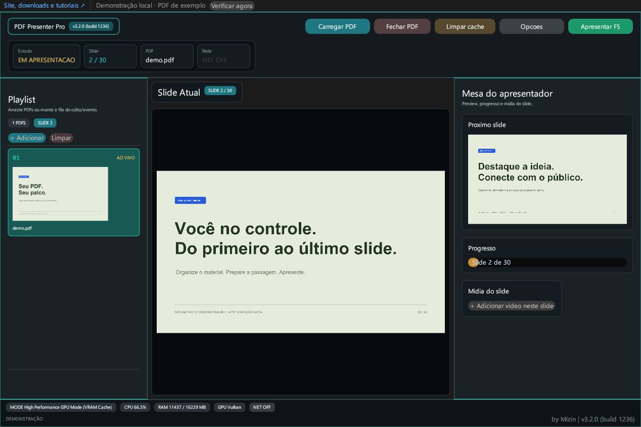 Captura real do aplicativo, com o slide de demonstração e os controles de apresentação.